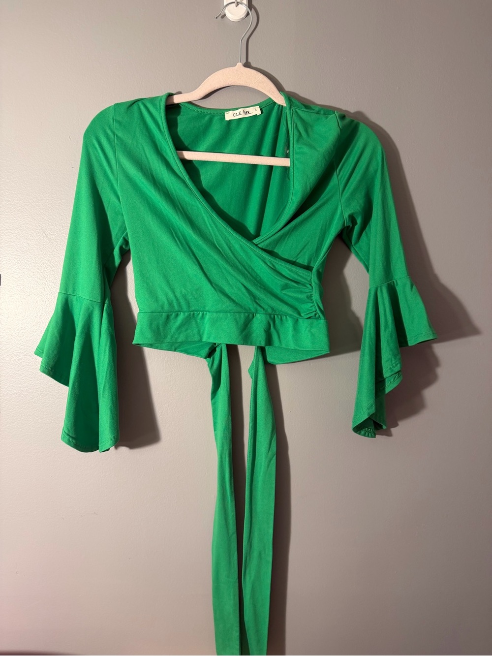 Faux wrap Bell Sleeve Crop Top in Green